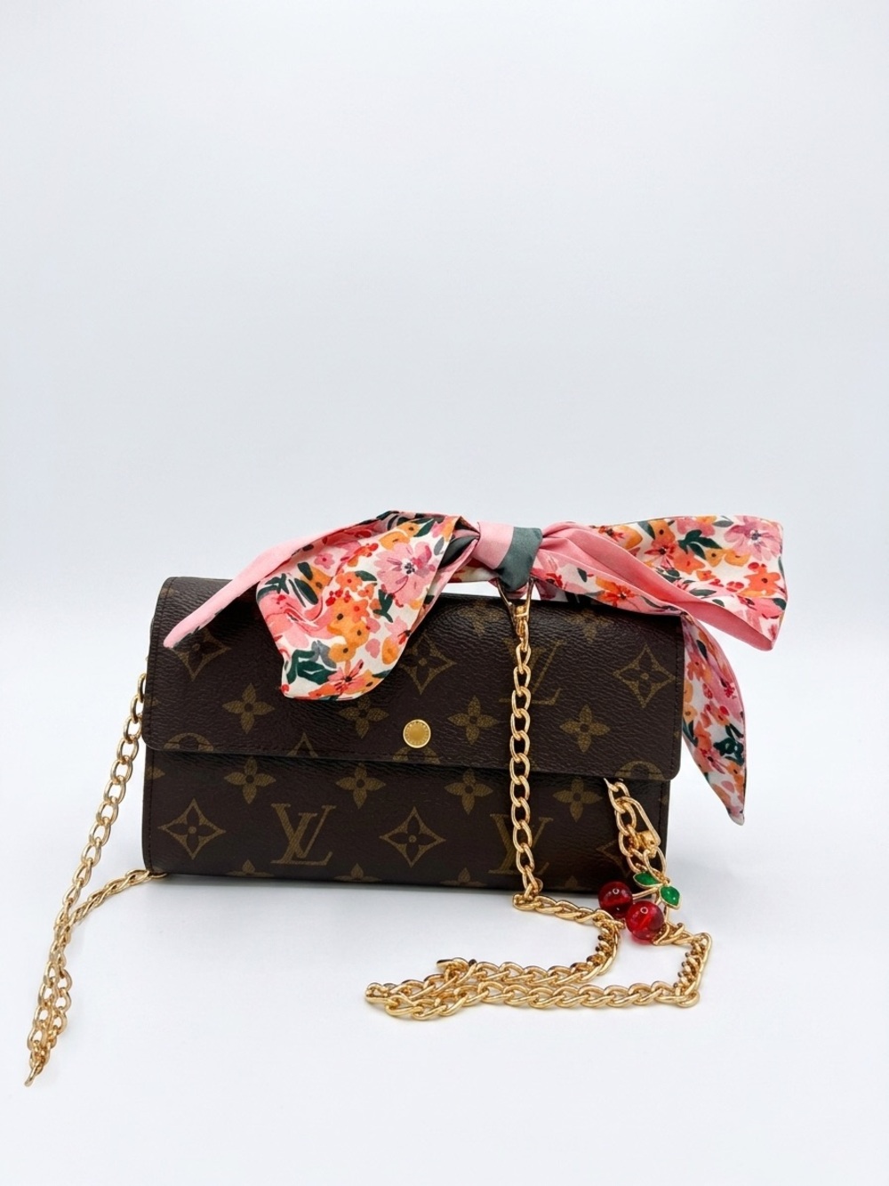 Louis Vuitton Brown Monogram Crossbody Wallet w/ Chain, Twilly and Cherry Charm